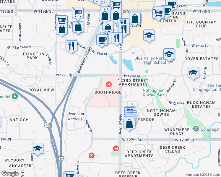 map of restaurants, bars, coffee shops, grocery stores, and more near 12300 Metcalf Avenue in Overland Park