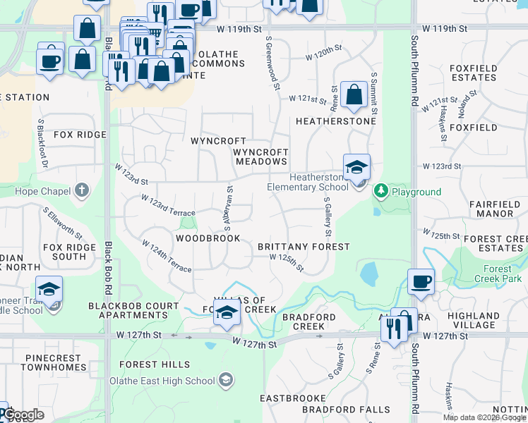 map of restaurants, bars, coffee shops, grocery stores, and more near 12345 South Alcan Street in Olathe
