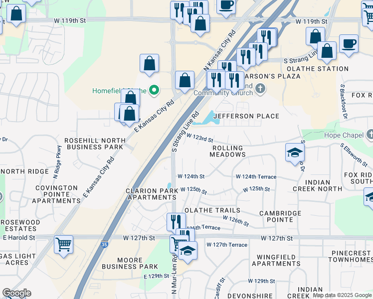 map of restaurants, bars, coffee shops, grocery stores, and more near 16625 West 123rd Street in Olathe