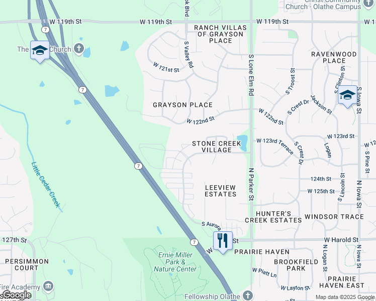 map of restaurants, bars, coffee shops, grocery stores, and more near 21948 West 124th Place in Olathe
