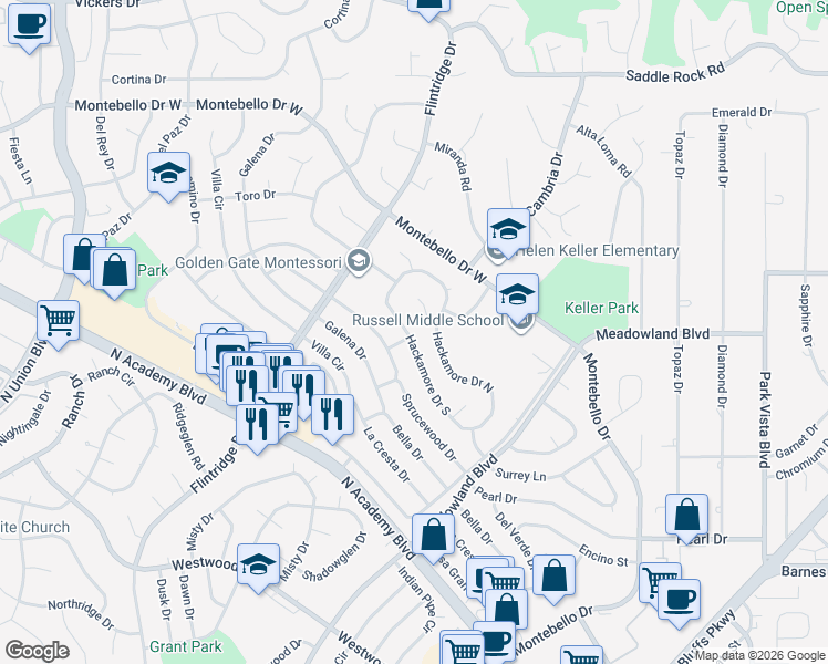 map of restaurants, bars, coffee shops, grocery stores, and more near 5001 Hackamore Drive South in Colorado Springs