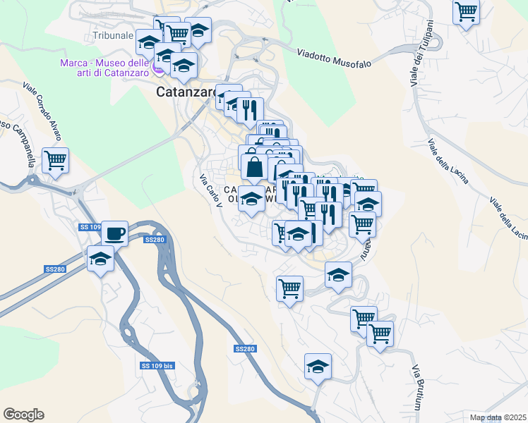 map of restaurants, bars, coffee shops, grocery stores, and more near 53-59 Via XX Settembre in Catanzaro