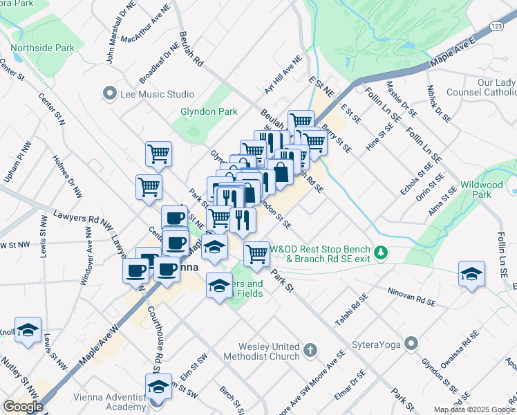 map of restaurants, bars, coffee shops, grocery stores, and more near 163 Glyndon Street Southeast in Vienna