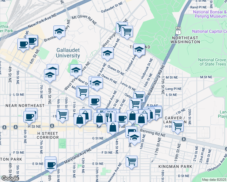 map of restaurants, bars, coffee shops, grocery stores, and more near 1324 Trinidad Avenue Northeast in Washington