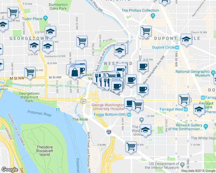 map of restaurants, bars, coffee shops, grocery stores, and more near 2501 Pennsylvania Avenue Northwest in Washington, D.C.