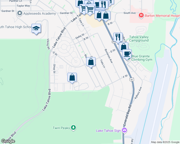 map of restaurants, bars, coffee shops, grocery stores, and more near 1209 Julie Lane in South Lake Tahoe