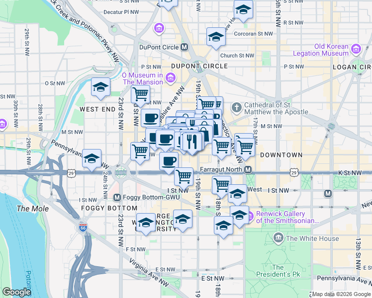 map of restaurants, bars, coffee shops, grocery stores, and more near 1111 20th Street Northwest in Washington