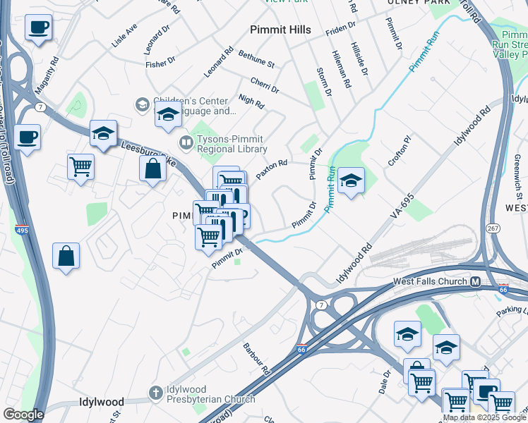 map of restaurants, bars, coffee shops, grocery stores, and more near 7438 Patterson Road in Falls Church