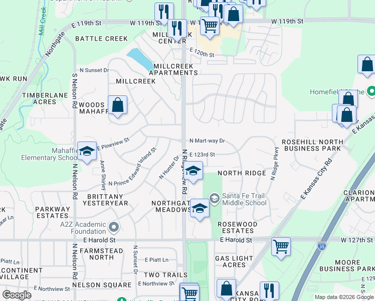 map of restaurants, bars, coffee shops, grocery stores, and more near 1300 East 123rd Street in Olathe