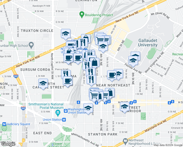 map of restaurants, bars, coffee shops, grocery stores, and more near 1110 3rd Street Northeast in Washington