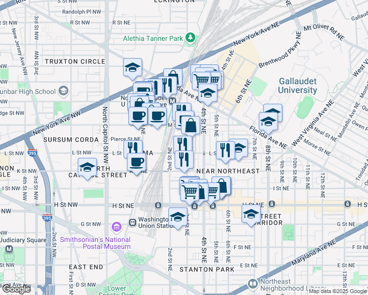 map of restaurants, bars, coffee shops, grocery stores, and more near 1110 3rd Street Northeast in Washington