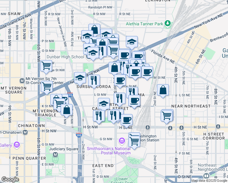 map of restaurants, bars, coffee shops, grocery stores, and more near 1104 North Capitol Street Northwest in Washington