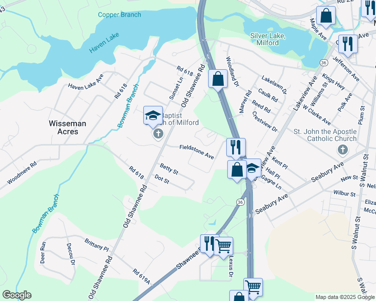 map of restaurants, bars, coffee shops, grocery stores, and more near 17624 Fieldstone Avenue in Milford