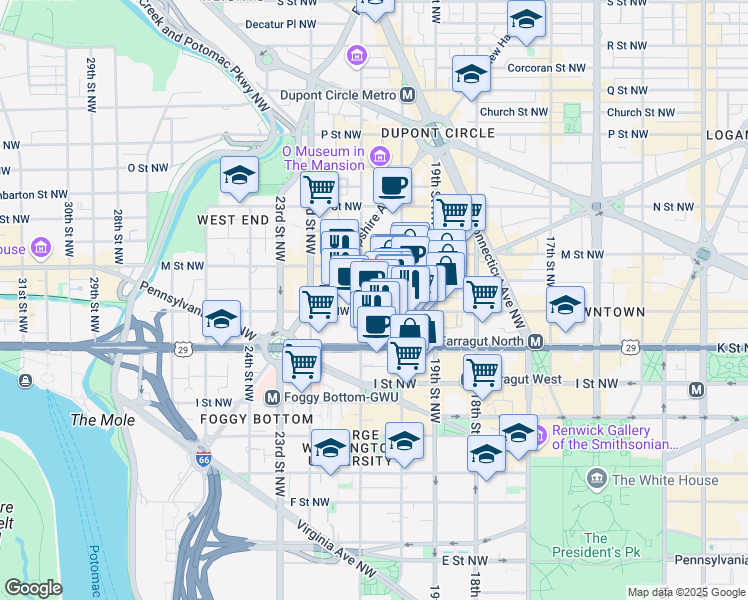 map of restaurants, bars, coffee shops, grocery stores, and more near 2055 L Street Northwest in Washington