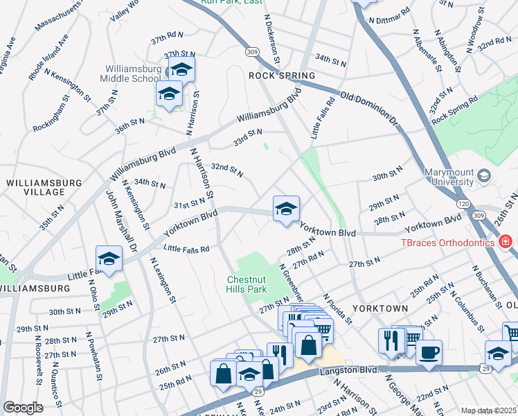 map of restaurants, bars, coffee shops, grocery stores, and more near 5241 Yorktown Boulevard in Arlington