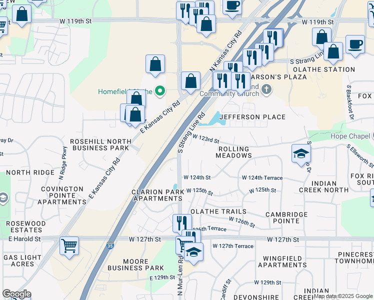 map of restaurants, bars, coffee shops, grocery stores, and more near 16625 West 123rd Street in Olathe