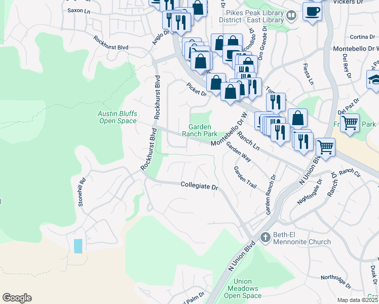 map of restaurants, bars, coffee shops, grocery stores, and more near 5045 Saddle Drive in Colorado Springs