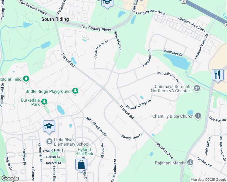 map of restaurants, bars, coffee shops, grocery stores, and more near 43723 Woodville Court in Chantilly