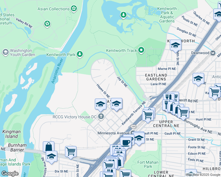 map of restaurants, bars, coffee shops, grocery stores, and more near 3728 Hayes Street Northeast in Washington
