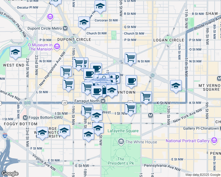 map of restaurants, bars, coffee shops, grocery stores, and more near 1102 17th Street Northwest in Washington