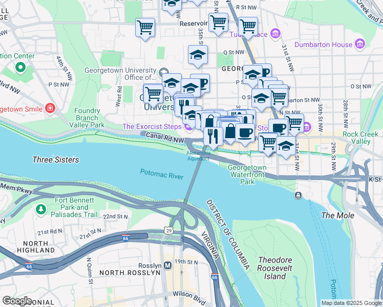 map of restaurants, bars, coffee shops, grocery stores, and more near 3528 Capital Crescent Trail in Washington