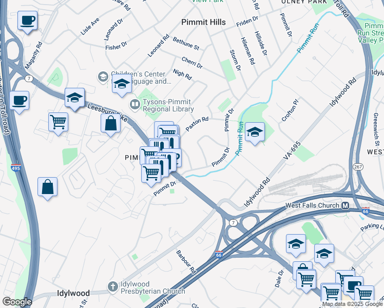 map of restaurants, bars, coffee shops, grocery stores, and more near 7438 Patterson Road in Falls Church