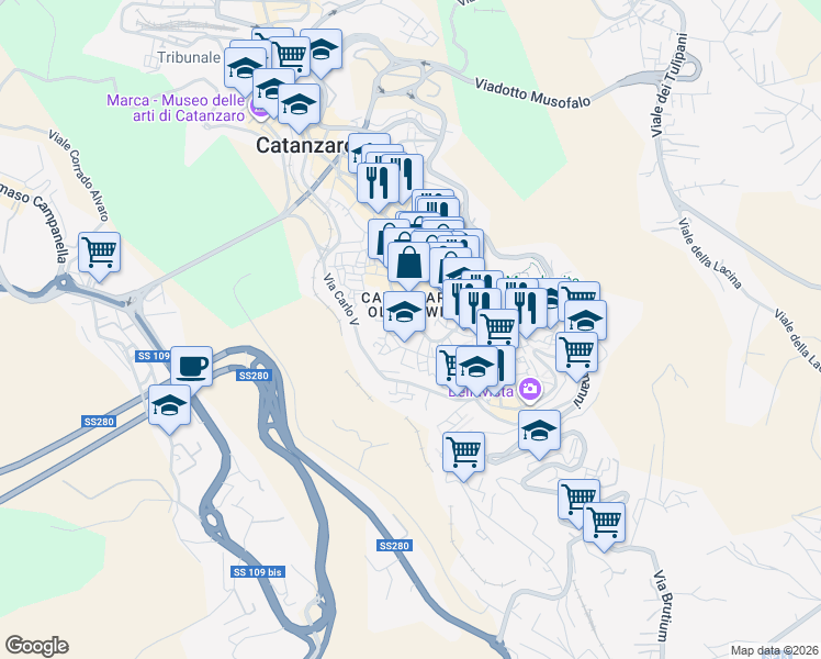 map of restaurants, bars, coffee shops, grocery stores, and more near 26-68 Via XX Settembre in Catanzaro
