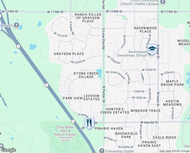 map of restaurants, bars, coffee shops, grocery stores, and more near 21630 West 124th Street in Olathe