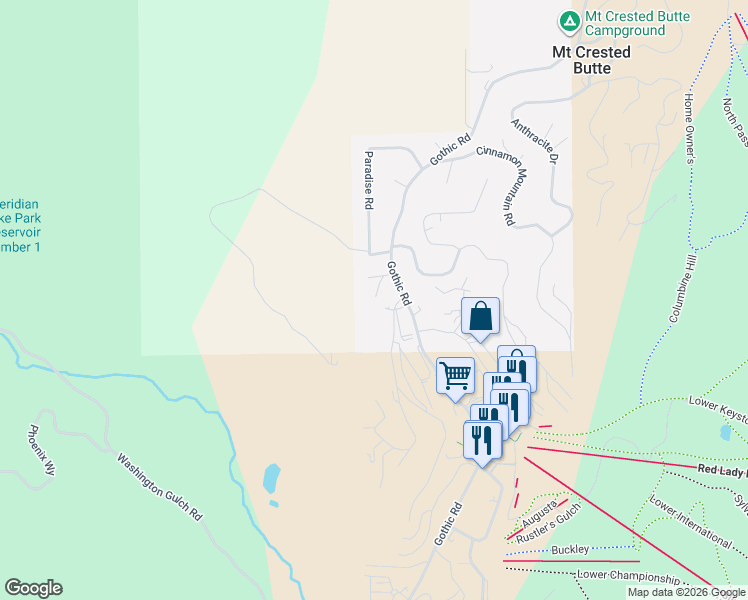 map of restaurants, bars, coffee shops, grocery stores, and more near Outrun Road in Crested Butte