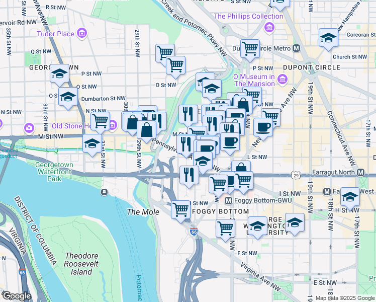 map of restaurants, bars, coffee shops, grocery stores, and more near 2519 Pennsylvania Avenue Northwest in Washington
