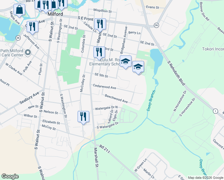 map of restaurants, bars, coffee shops, grocery stores, and more near 606 Cedarwood Avenue in Milford