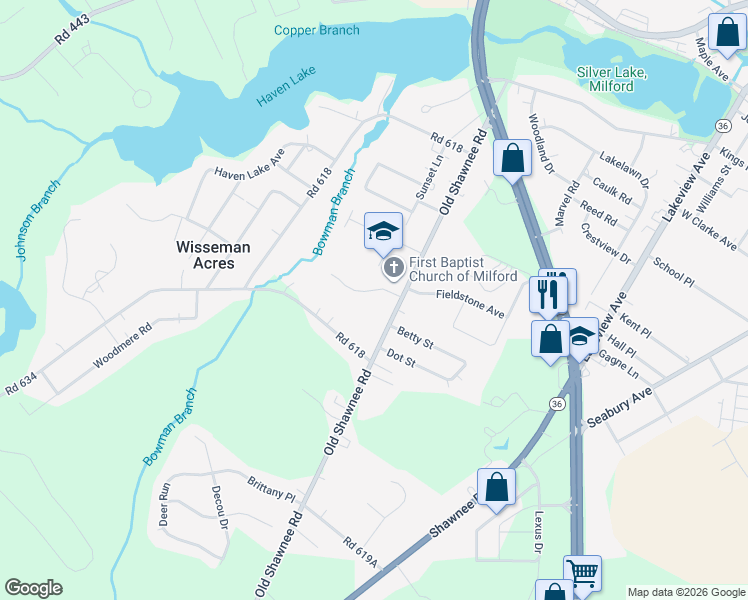 map of restaurants, bars, coffee shops, grocery stores, and more near 2 Bowman Terrace in Milford