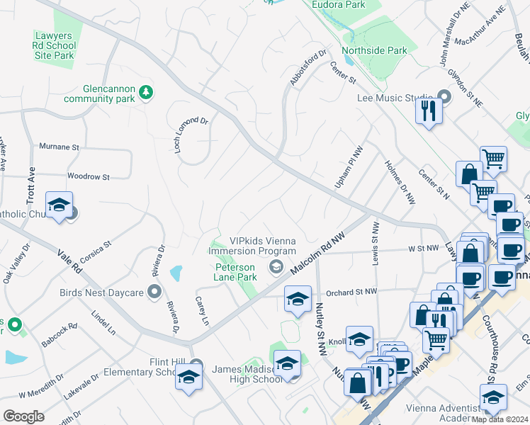 map of restaurants, bars, coffee shops, grocery stores, and more near 421 Blair Road Northwest in Vienna
