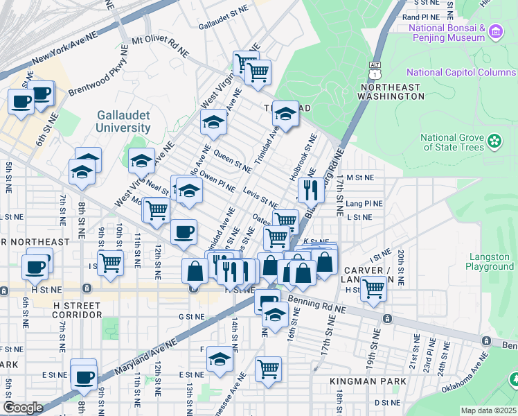 map of restaurants, bars, coffee shops, grocery stores, and more near 1412 Staples Street Northeast in Washington