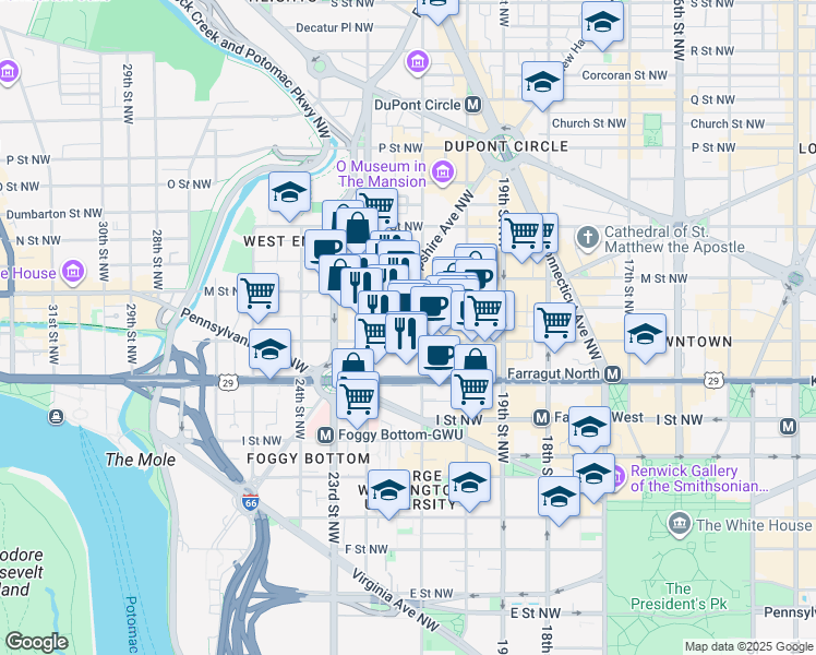 map of restaurants, bars, coffee shops, grocery stores, and more near 2101 L Street Northwest in Washington