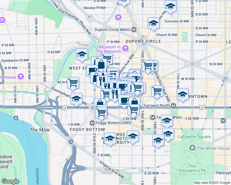 map of restaurants, bars, coffee shops, grocery stores, and more near 2101 L Street Northwest in Washington