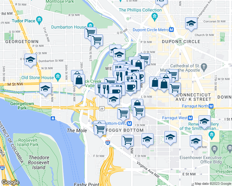 map of restaurants, bars, coffee shops, grocery stores, and more near 2425 L Street Northwest in Washington