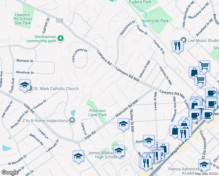 map of restaurants, bars, coffee shops, grocery stores, and more near 421 Blair Road Northwest in Vienna
