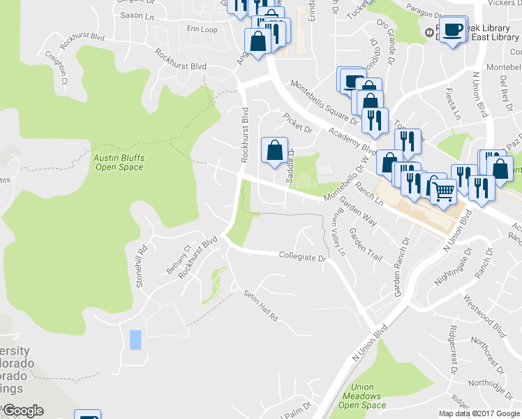 map of restaurants, bars, coffee shops, grocery stores, and more near 5042 Picket Drive in Colorado Springs