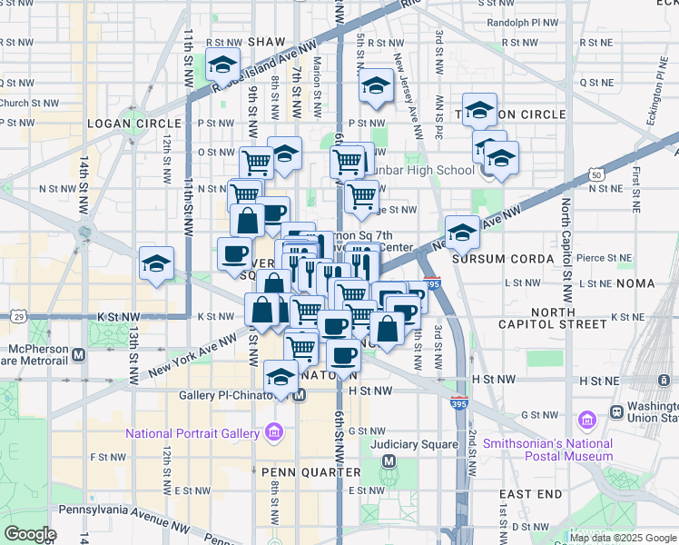 map of restaurants, bars, coffee shops, grocery stores, and more near 6th St NW & L St NW in Washington