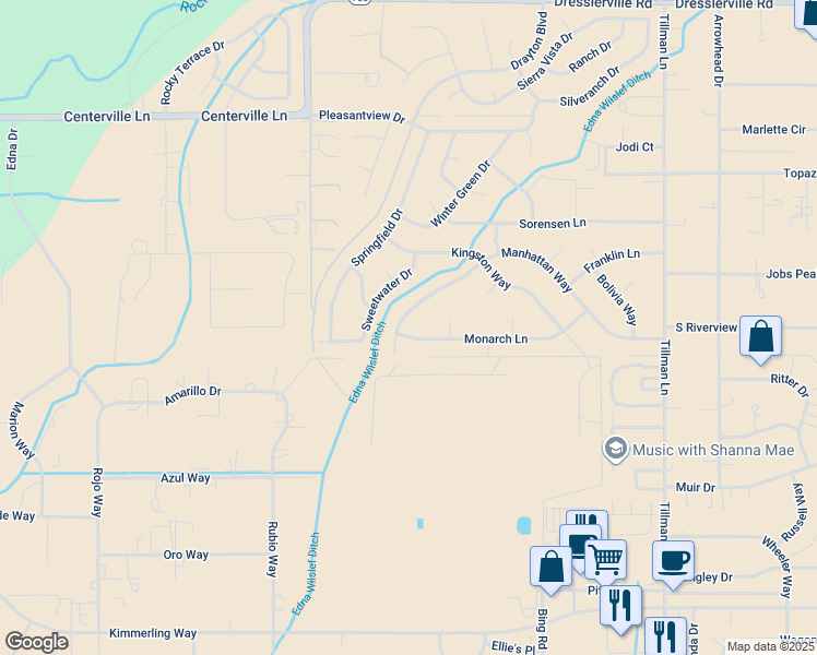 map of restaurants, bars, coffee shops, grocery stores, and more near 1191 Manhattan Way in Gardnerville