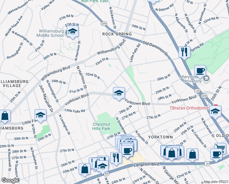 map of restaurants, bars, coffee shops, grocery stores, and more near 5223 Yorktown Boulevard in Arlington