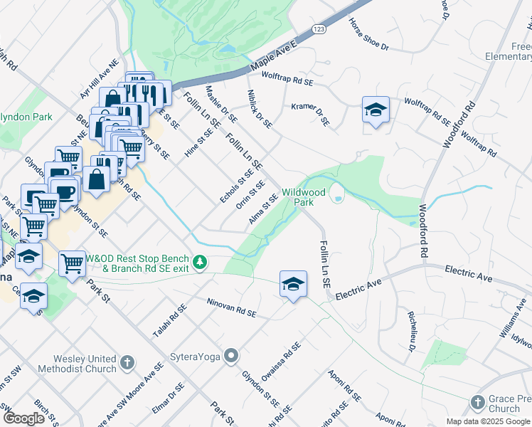 map of restaurants, bars, coffee shops, grocery stores, and more near 511 Alma Street Southeast in Vienna