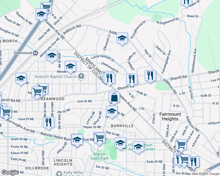 map of restaurants, bars, coffee shops, grocery stores, and more near 1100 Eastern Avenue Northeast in Washington