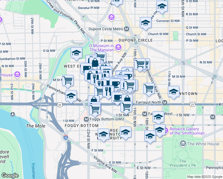 map of restaurants, bars, coffee shops, grocery stores, and more near 2101 L Street Northwest in Washington