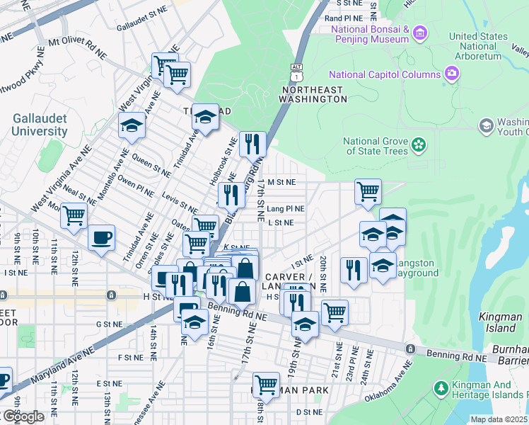 map of restaurants, bars, coffee shops, grocery stores, and more near 1703 Lang Place Northeast in Washington