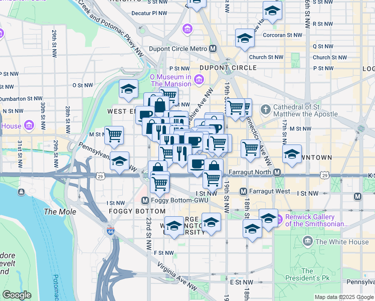 map of restaurants, bars, coffee shops, grocery stores, and more near 2101 L Street Northwest in Washington