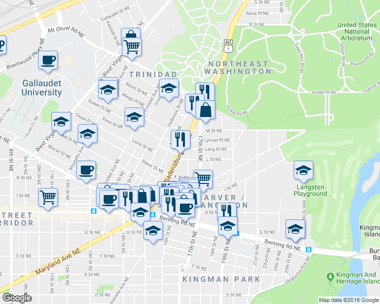 map of restaurants, bars, coffee shops, grocery stores, and more near 1621 Lang Place Northeast in Washington