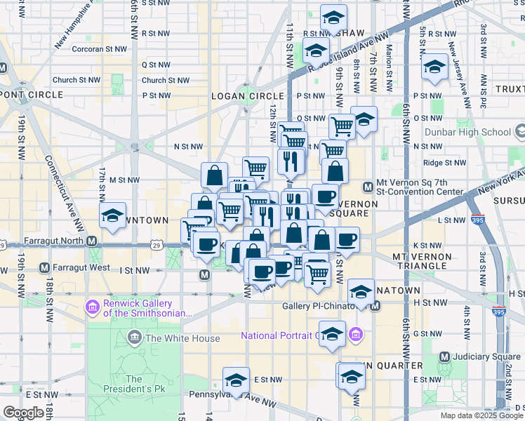 map of restaurants, bars, coffee shops, grocery stores, and more near 1210 Massachusetts Avenue Northwest in Washington