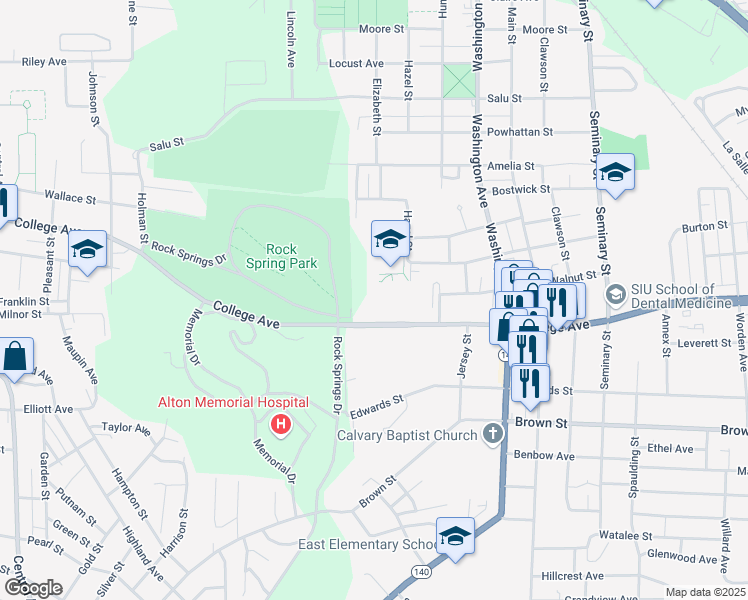 map of restaurants, bars, coffee shops, grocery stores, and more near 2200 College Avenue in Alton